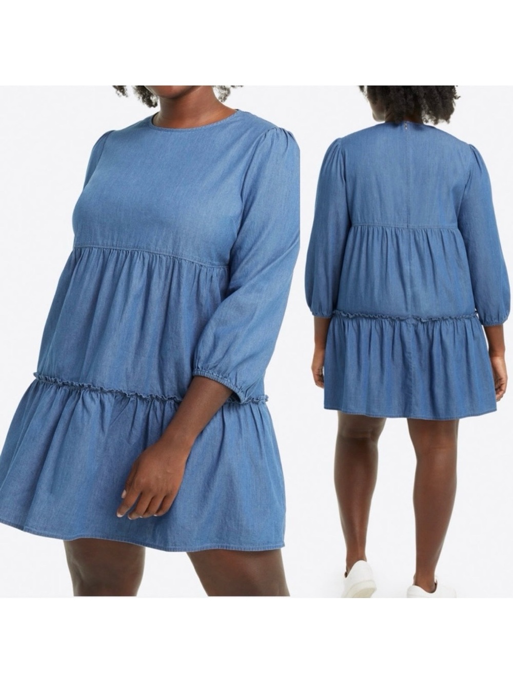 Draper James Tiered Trapeze Dress in Chambray Blue Cotton Coastal Boho Beach